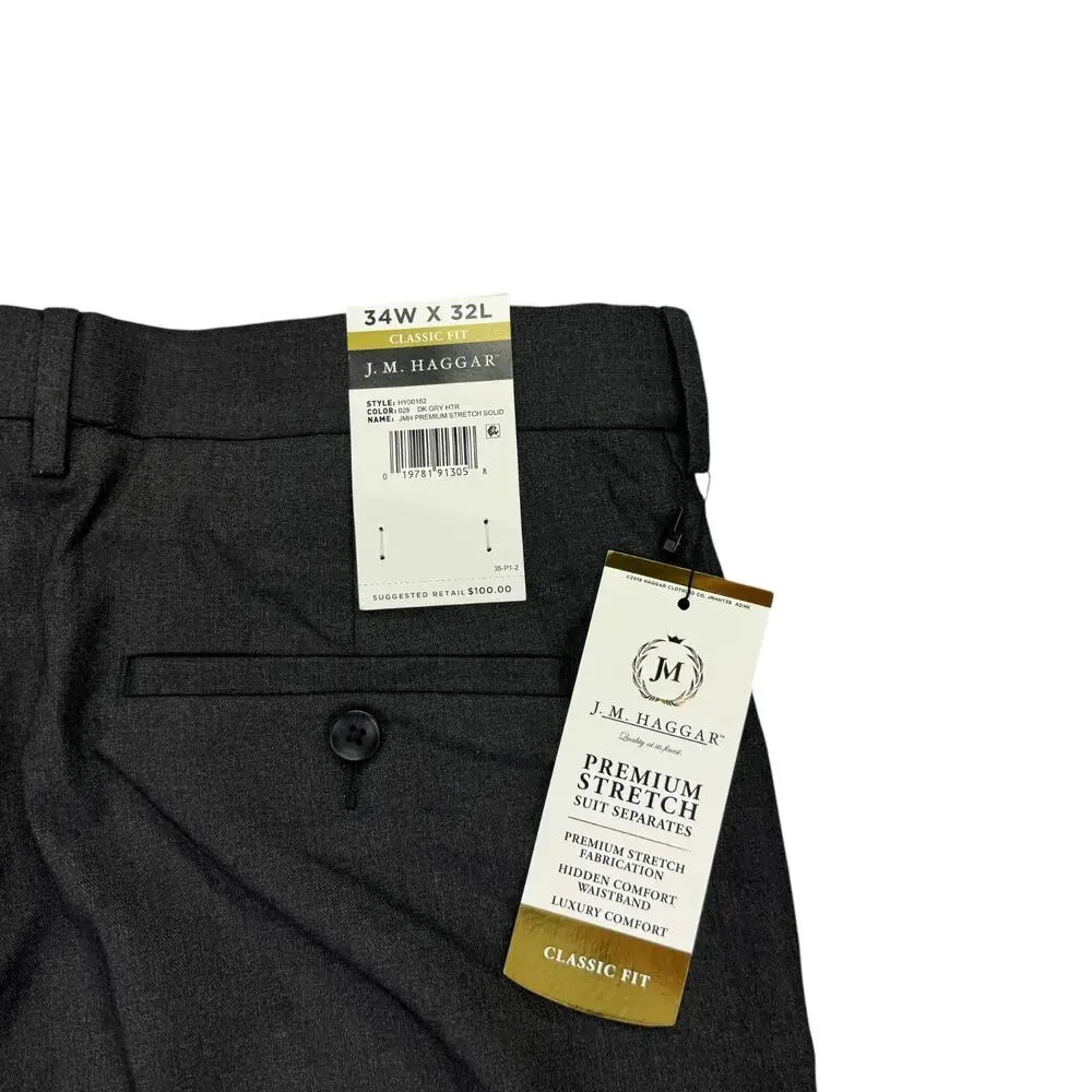 Haggar Mens Premium Stretch Classic Fit Flat Front Suit Pants Dark Gray 34x32